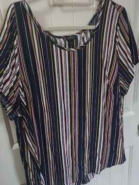 Torrid 2 Navy Striped Short Sleeve Blouse with Pink & Yellow Accents